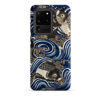 Fukusa and Carp - Japanese Meiji Art Samsung Case, Galaxy S20 Ultra / Matte, Navy Blue Phone Case Black White Koi Fish
