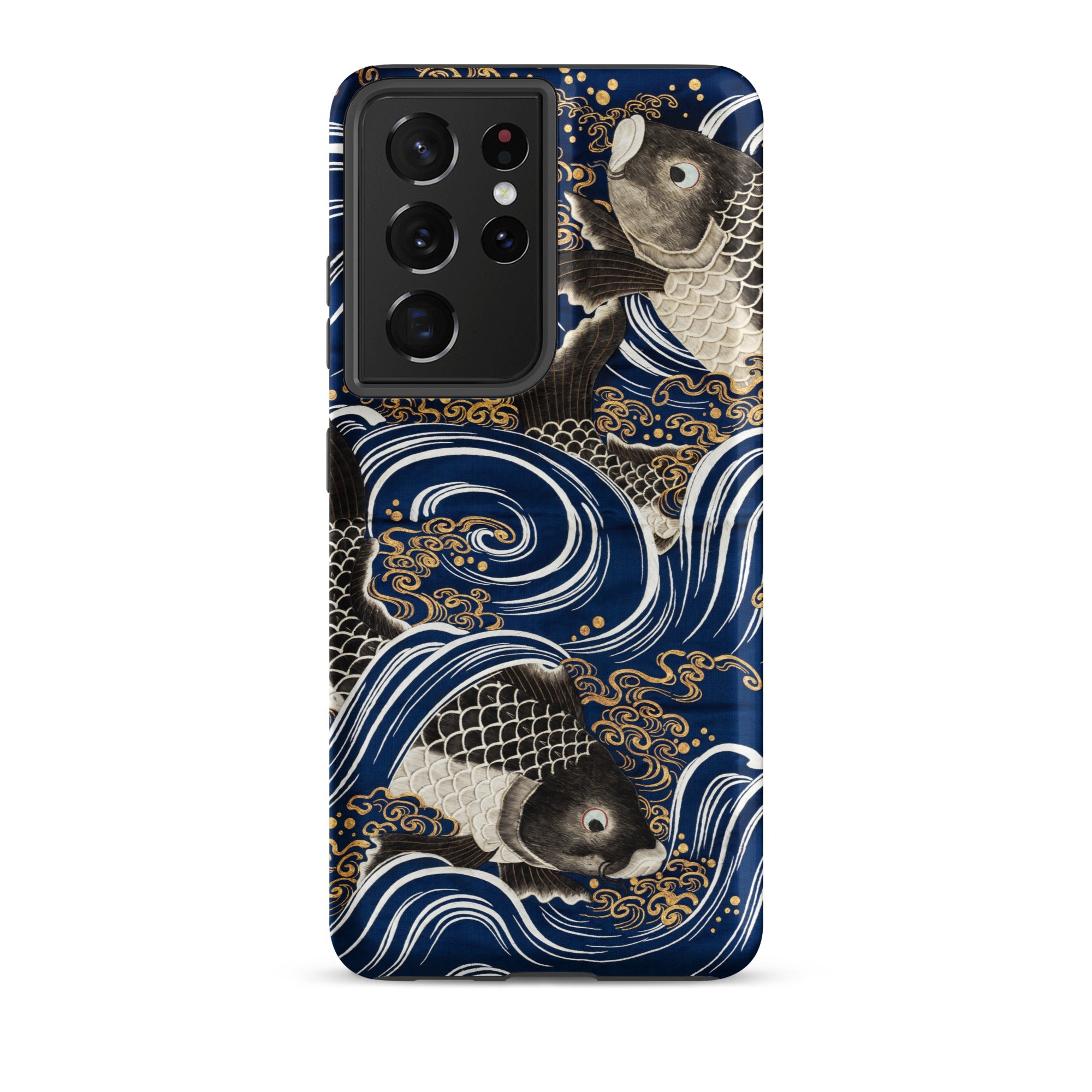 Fukusa and Carp Japanese Meiji Art Samsung Case, Galaxy S21 Ultra / Matte, Dark Blue Smartphone Case Pattern White Gold Waves