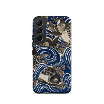 Fukusa and Carp - Japanese Meiji Art Samsung Case, Galaxy S22 / Matte, Dark Blue Phone Case Black White Fish Wave