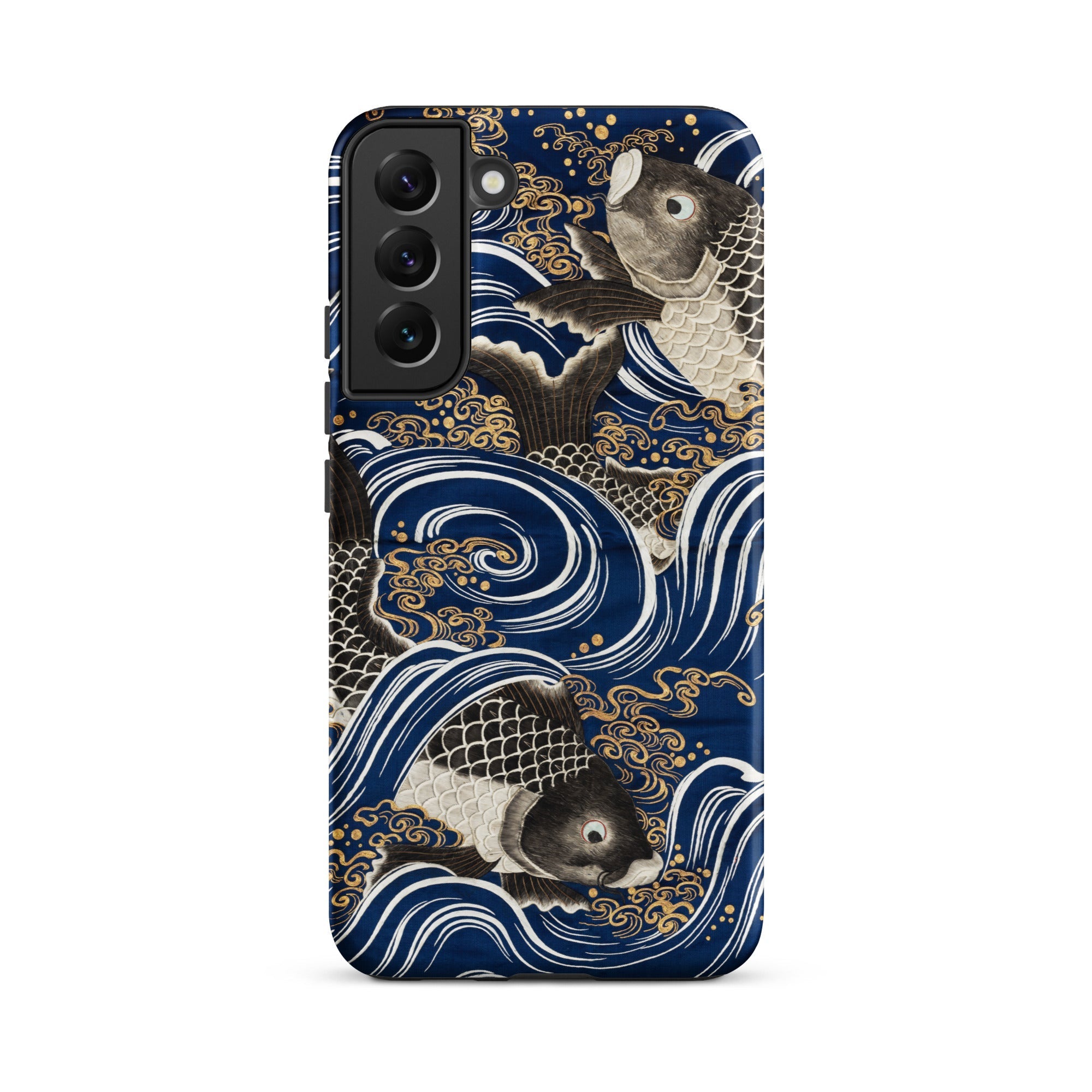 Fukusa and Carp Japanese Meiji Art Samsung Case, Galaxy S22 Plus / Matte, Dark Blue Smartphone Case White Gold Koi Fish