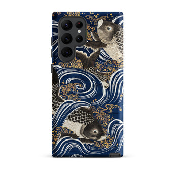 Fukusa and Carp - Japanese Meiji Art Samsung Case, Galaxy S22 Ultra / Matte, Dark Blue Phone Case Stylized Design Black White