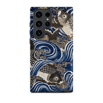 Fukusa and Carp - Japanese Meiji Art Samsung Case, Galaxy S23 Ultra / Matte, Dark Blue Phone Case Stylized Pattern White-scaled Fish