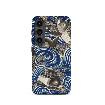 Fukusa and Carp - Japanese Meiji Art Samsung Case, Galaxy S24 / Matte, Blue Smartphone Case Design Black White Koi Fish