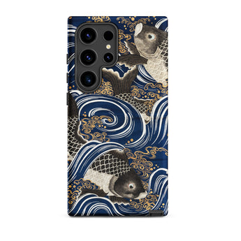 Fukusa and Carp - Japanese Meiji Art Samsung Case, Galaxy S24 Ultra / Matte, Dark Blue Phone Case Intricate Pattern Black White