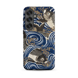 Fukusa and Carp - Japanese Meiji Art Samsung Case, Galaxy S25 Plus / Matte, Smartphone Case Dark Blue Gold Koi Fish Wave
