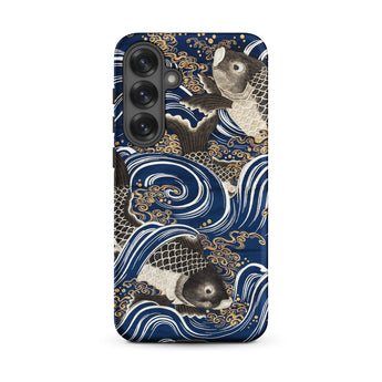 Fukusa and Carp - Japanese Meiji Art Samsung Case, Galaxy S25 Plus / Matte, Smartphone Case Dark Blue Gold Koi Fish Wave