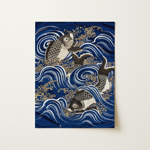 Fukusa and Carp in Waves - Meiji Art Print / Canvas, 12x16’’ / 31x41cm / Unframed / no Border, Posters Prints & Visual Artwork, Toby Leon