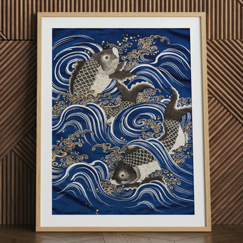 Fukusa and Carp in Waves - Meiji Art Print / Canvas, 24x32’’ / 61x81cm / Natural Frame / Matboard, Posters Prints & Visual Artwork, Toby