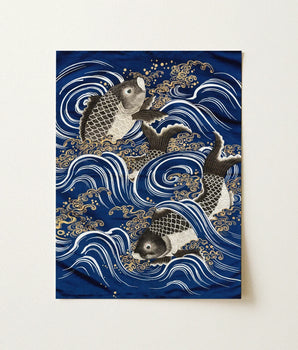 Deep Blue Textile Embroidered Koi Fish Black White Meiji-era Fukusa-inspired Fine Art, Japan’s Artistic Golden Age, Meiji Period