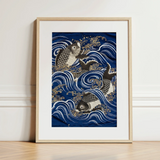 Fukusa and Carp in Waves - Meiji Art Print / Canvas, Meiji-era Fukusa-inspired Fine Art, Japan’s Artistic Golden Age, Meiji Period Art