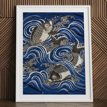 Fukusa and Carp in Waves - Meiji Art Print / Canvas, Meiji-era Fukusa-inspired Fine Art, Japan’s Artistic Golden Age, Meiji Period Art