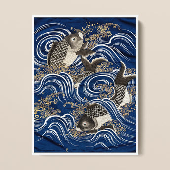 Fukusa and Carp in Waves - Meiji Art Print / Canvas, Meiji-era Fukusa-inspired Fine Art, Japan’s Artistic Golden Age, Meiji Period Art