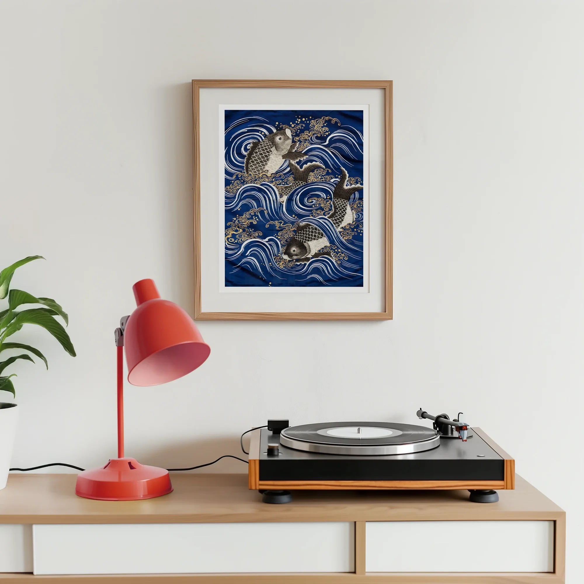 Fukusa and Carp in Waves - Meiji Art Print, Framed Artwork Koi Fish Blue Waves