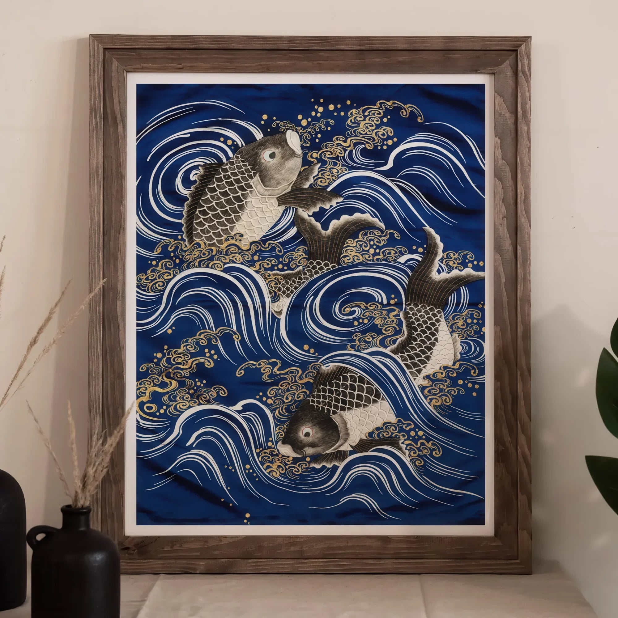 Fukusa and Carp in Waves - Meiji Art Print, Framed Artwork Koi Fish Blue Gold Waves