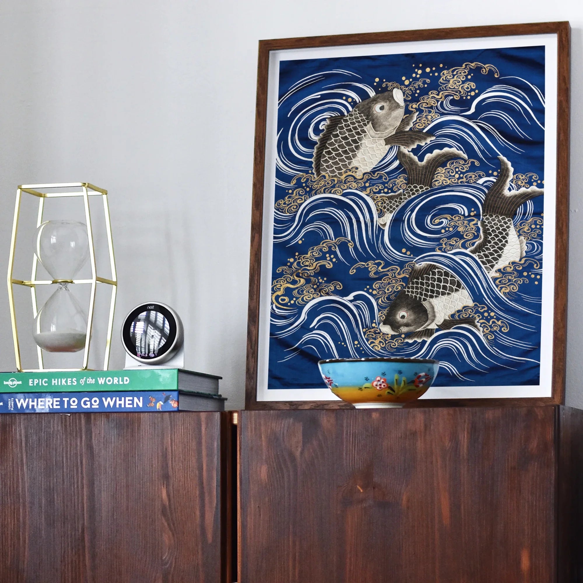 Fukusa and Carp in Waves - Meiji Art Print, Framed Artwork Koi Fish Stylized Blue Waves Traditional