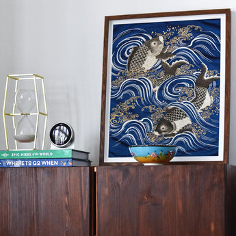 Fukusa and Carp in Waves - Meiji Art Print, Framed Artwork Koi Fish Stylized Blue Waves Traditional