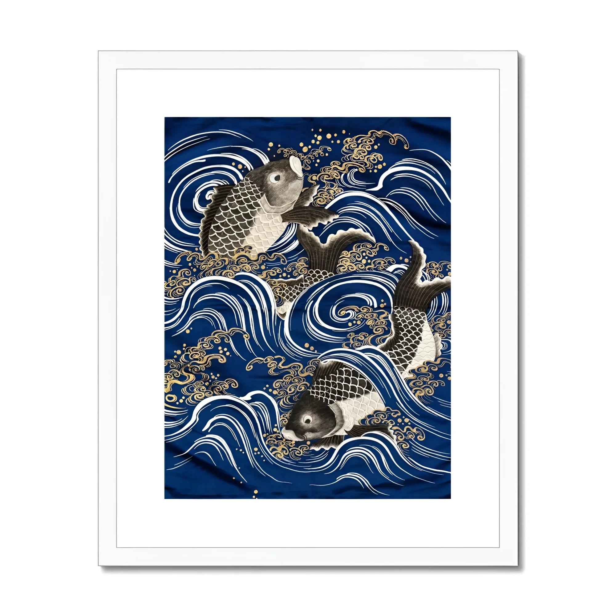 Fukusa and Carp in Waves - Meiji Art Print, Koi Fish Waves Traditional Japanese Art Style