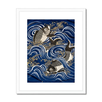 Fukusa and Carp in Waves - Meiji Art Print, Koi Fish Waves Traditional Japanese Art Style