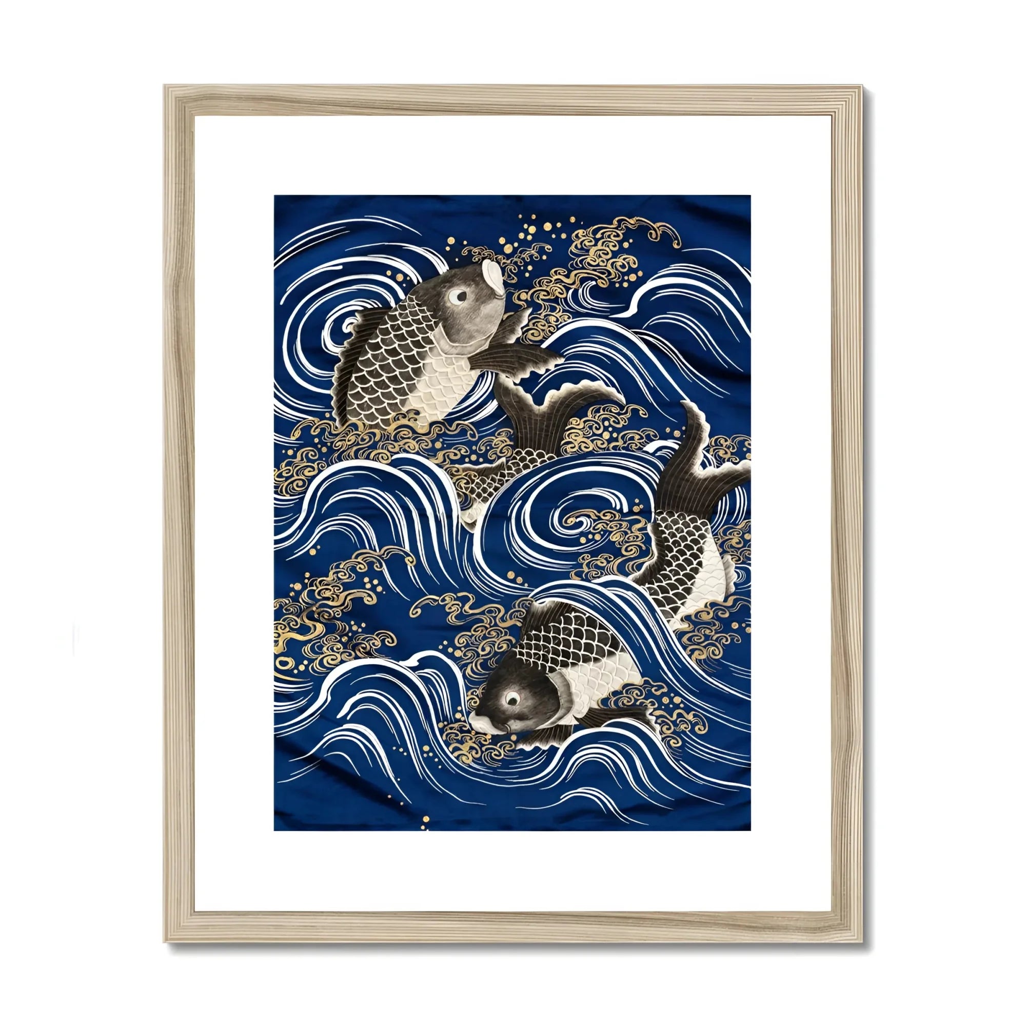 Fukusa and Carp in Waves - Meiji Art Print, Koi Fish Waves Traditional Japanese Art Style