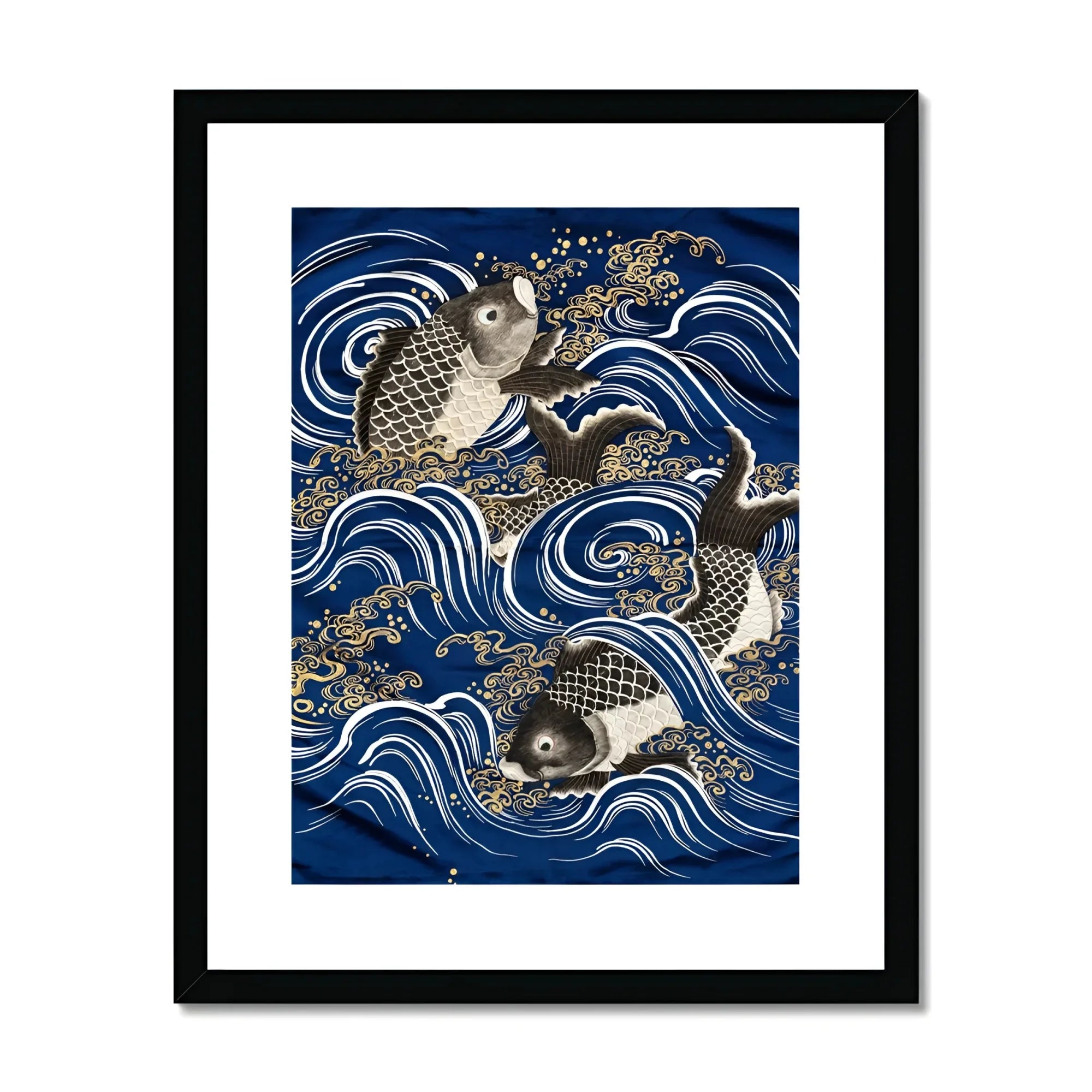 Fukusa and Carp in Waves - Meiji Art Print, Koi Fish Waves Traditional Japanese Art Style