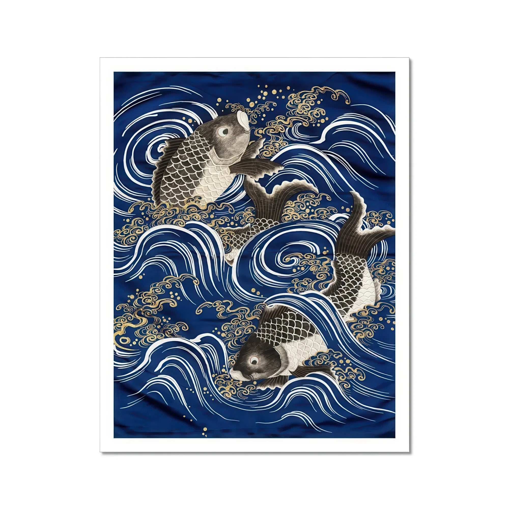 Fukusa and Carp in Waves - Meiji Art Print, Three Koi Fish Waves Traditional Japanese Artistic Style