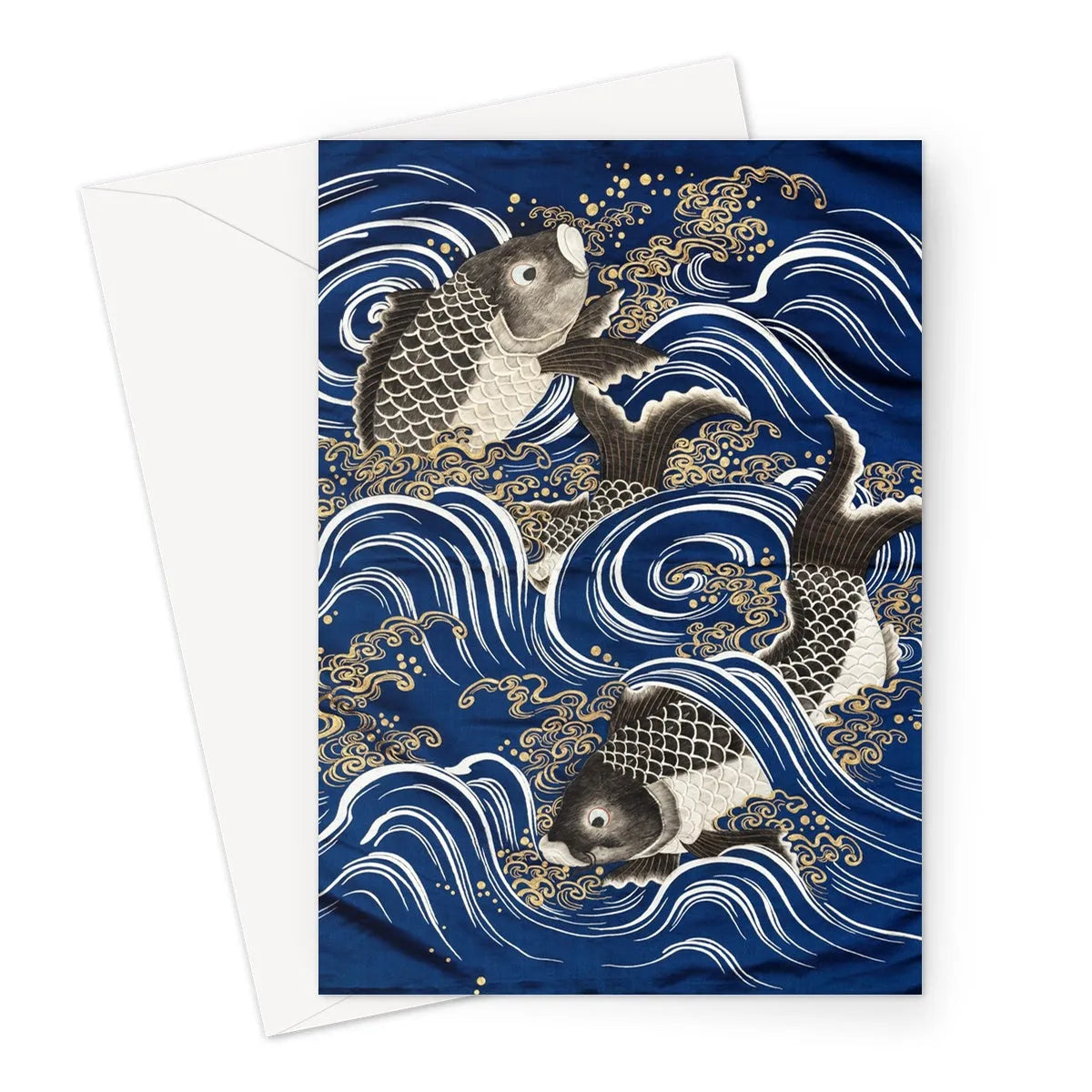 Fukusa And Carp In Waves - Meiji Period Art Greeting Card - A5 Portrait / 1 Card - Greeting & Note Cards - Aesthetic Art