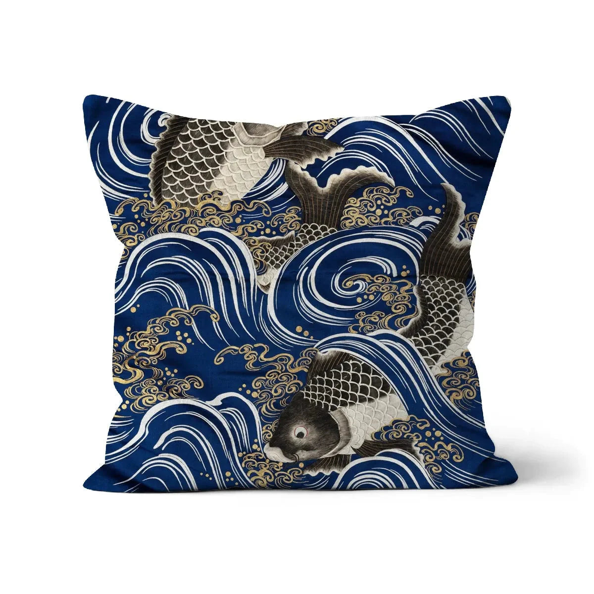 Fukusa + Carp In Waves - Meiji Period Cushion - Linen / 16’x16’ - Throw Pillows - Aesthetic Art