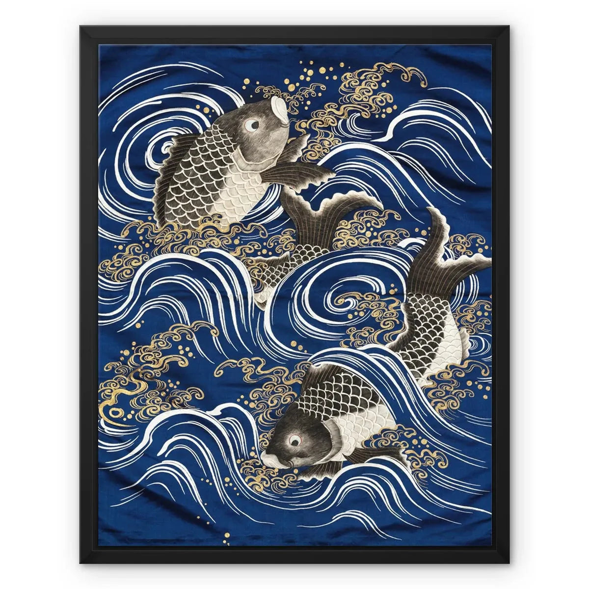 Fukusa + Carp In Waves - Meiji Period Framed Canvas - 16’x20’ / Black Frame / White Wrap - Posters Prints & Visual