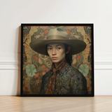 Framed Portrait Woman Wide-brimmed Beige Hat Intricately Patterned Dandy Gaysian Cowboy, Elegant Chinese Outlaw’s, Spirit’s Queer
