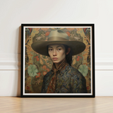 Framed Portrait Woman Wide-brimmed Hat Patterned Attire Set Dandy Gaysian Cowboy, Elegant Chinese Outlaw’s, Spirit’s Queer