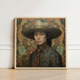 Framed Portrait Woman Wide-brimmed Hat Patterned Attire Set Dandy Gaysian Cowboy, Elegant Chinese Outlaw’s, Spirit’s Queer