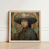 Framed Portrait Woman Wide-brimmed Beige Hat Intricately Patterned Dandy Gaysian Cowboy, Elegant Chinese Outlaw’s, Spirit’s Queer