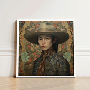 Framed Portrait Woman Wide-brimmed Beige Hat Patterned Attire Dandy Gaysian Cowboy, Elegant Chinese Outlaw’s, Spirit’s Queer