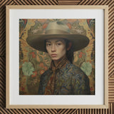 Fulin - Chinese Gay Cowboy Art Print / Canvas Brown Cowboy Hat Floral Patterned Scarf Wooden Frame Dandy Gaysian Cowboy, Elegant Chinese