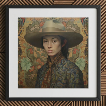 Fulin - Chinese Gay Cowboy Art Print / Canvas Brown Wide-brimmed Hat Patterned Scarf Dark Jacket Dandy Gaysian Cowboy, Elegant Chinese