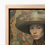 Framed Artwork Woman Wide-brimmed Hat Ornate Botanical Background Dandy Gaysian Cowboy, Elegant Chinese Outlaw’s, Spirit’s Queer