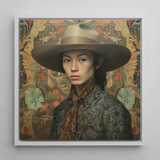 Fulin - Chinese Gay Cowboy Art Print / Canvas Framed Portrait Woman Wide-brimmed Beige Hat Intricately Patterned Dandy Gaysian Cowboy,