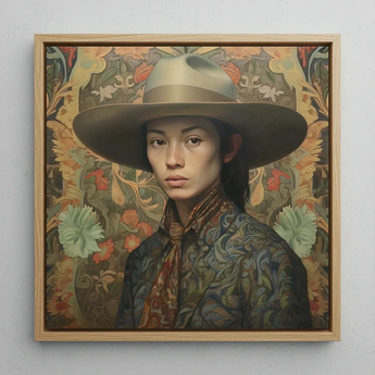 Fulin - Chinese Gay Cowboy Art Print / Canvas Framed Portrait Woman Wide-brimmed Hat Patterned Attire Set Dandy Gaysian Cowboy, Elegant