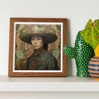 Fulin - Chinese Gay Cowboy Art Print / Canvas Framed Portrait Woman Wide-brimmed Hat Patterned Clothing Set Dandy Gaysian Cowboy, Elegant
