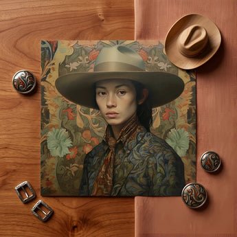 Fulin - Chinese Gay Cowboy Art Print / Canvas Square Canvas Print Woman Wide-brimmed Beige Hat Patterned Dandy Gaysian Cowboy, Elegant