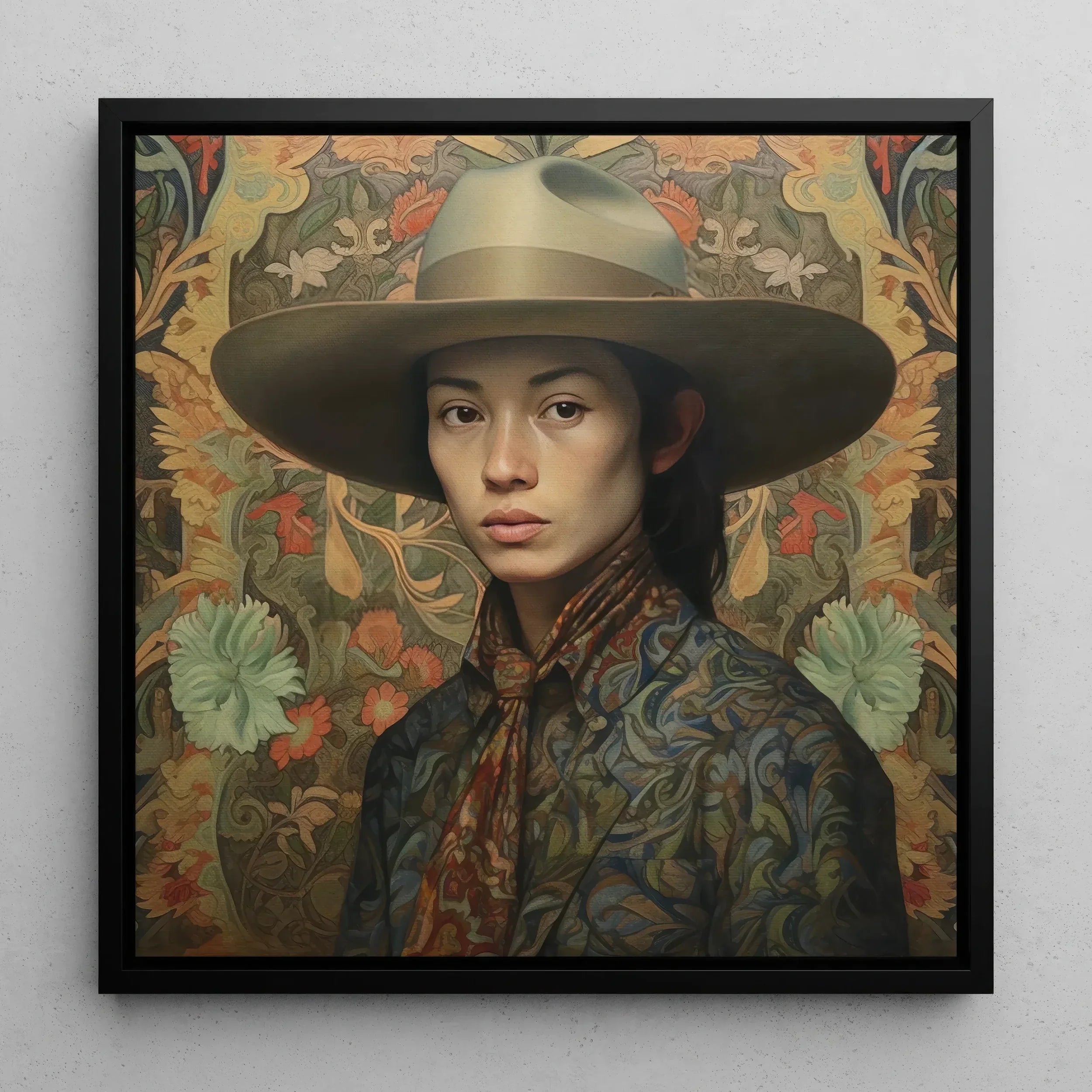 Fulin - Gay Chinese Cowboy Art Framed Canvas, Portrait Person Wide-brimmed Hat Patterned Clothing Floral Background