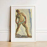 Framed Watercolor Painting Muscular Male Figure Classical Pose Ferdinand Hodler, Nude, Signed, Form Pienezza, Primordial Force Made, Flesh,