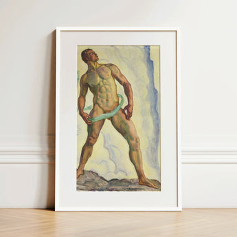 Framed Watercolor Painting Muscular Male Figure Classical Pose Ferdinand Hodler, Nude, Signed, Form Pienezza, Primordial Force Made, Flesh,