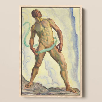 Framed Painting Muscular Nude Male Figure Green Ribbon-like Ferdinand Hodler, Signed, Form Pienezza, Primordial Force Made, Flesh,