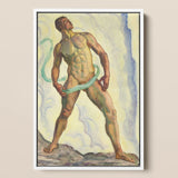 Framed Watercolor Painting Muscular Nude Male Figure Green Ferdinand Hodler, Signed, Form Pienezza, Primordial Force Made, Flesh, Standing,