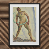 Framed Watercolor Painting Muscular Nude Male Figure Greenish Ferdinand Hodler, Signed, Form Pienezza, Primordial Force Made, Flesh,