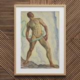 Framed Watercolor Painting Muscular Nude Male Figure Green Ferdinand Hodler, Signed, Form Pienezza, Primordial Force Made, Flesh, Standing,