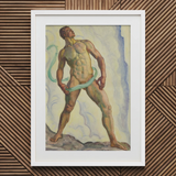 Framed Watercolor Painting Muscular Nude Male Figure Green Ferdinand Hodler, Signed, Form Pienezza, Primordial Force Made, Flesh, Standing,