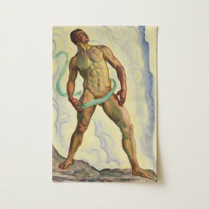 Fullness - Ferdinand Hodler Art Print / Canvas Watercolor Painting Muscular Man Green Ribbon Signed Artist, Male Nude, Form Pienezza,