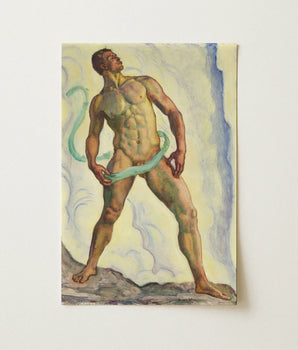 Watercolor Painting Muscular Man Green Ribbon Signed Artist Ferdinand Hodler, Male Nude, Form Pienezza, Primordial Force Made, Flesh,